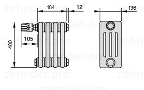 Схема (чертеж) Радиатор Zehnder Charleston 4040/4 №V012 Белый глянцевый RAL 9016